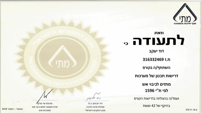 הסמכת מכון התקנים לדוד יעקב - תכנון מערכות מתזים לכיבוי אש לפי ת"י 1596